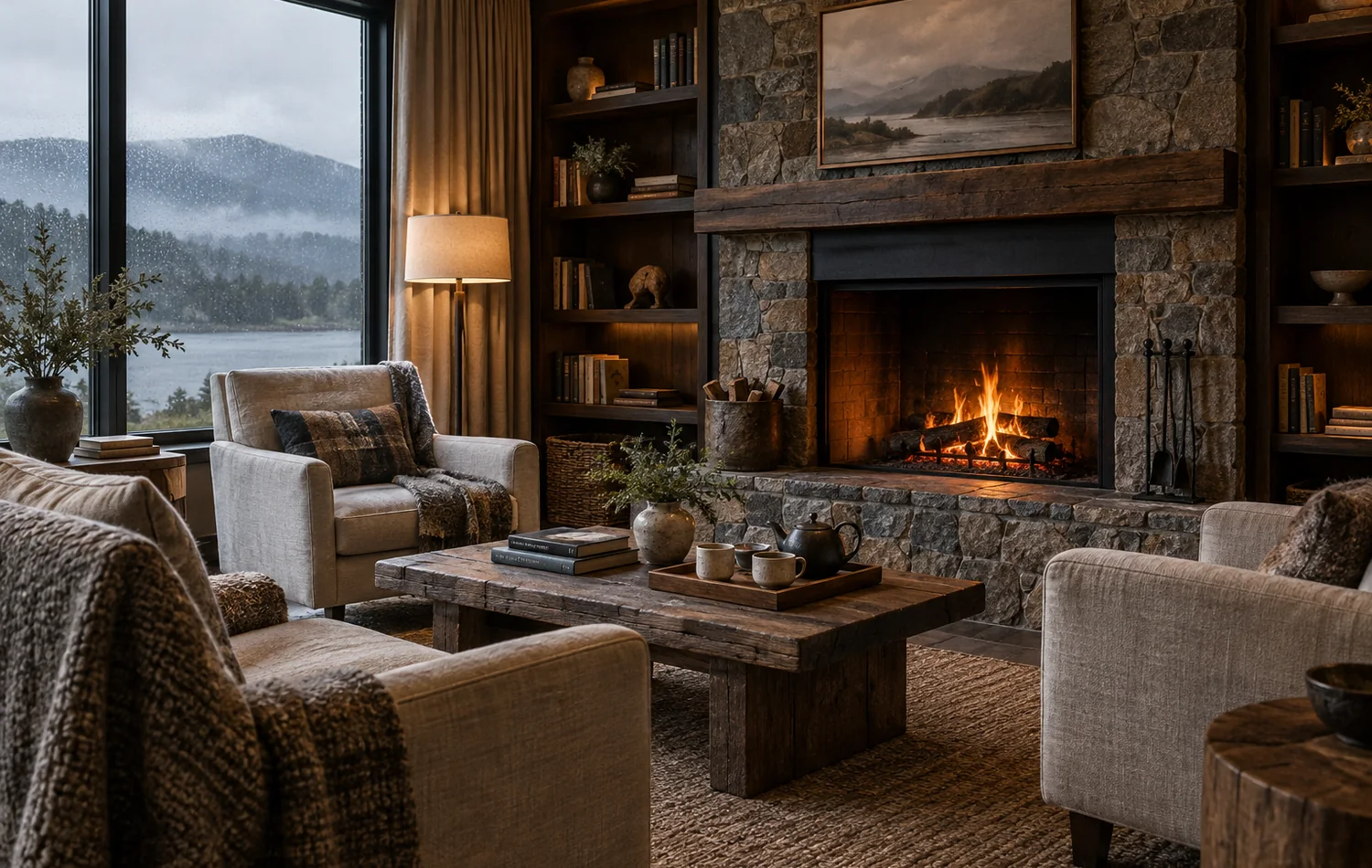 Stone fireplace lounge at Xumbralkeji